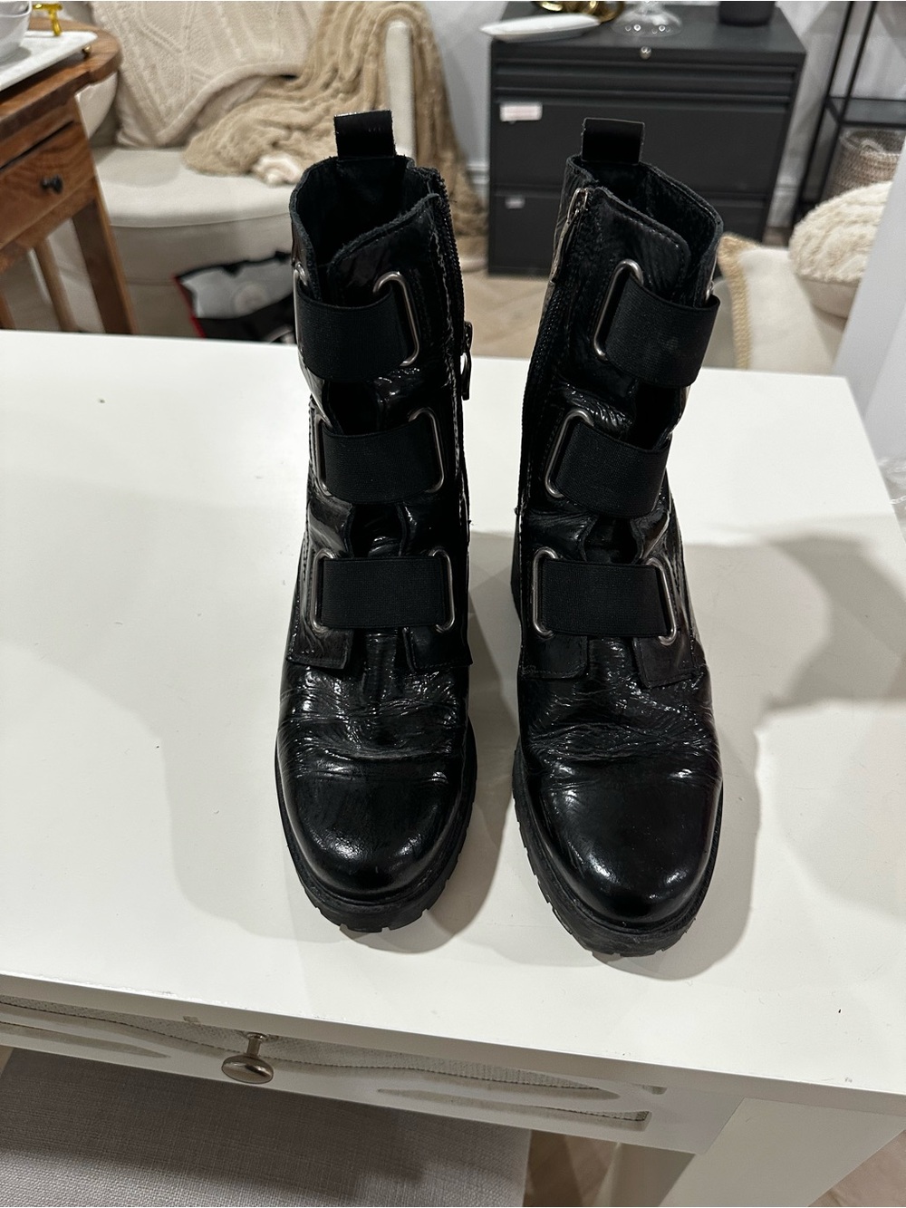 Women's Black Gloss  Boots with Triple Strap Closures